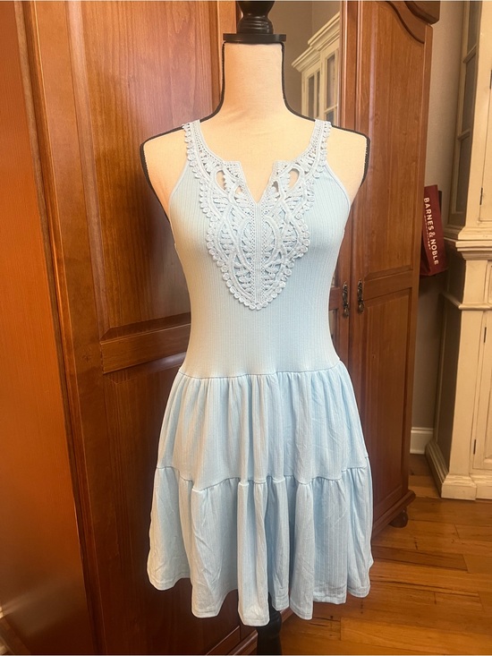 chicme Dresses & Skirts - Sleeveless Light Blue Crochet-Front Mini Dress